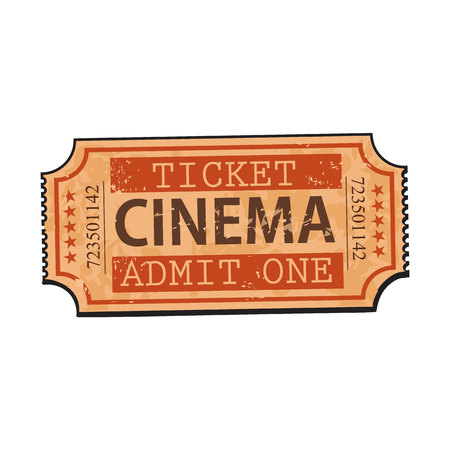 One retro style, vintage cinema, movie ticket, sketch illustration isolated on white background. Hand drawn cinema, movie ticket, pass, cinema objectのイラスト素材