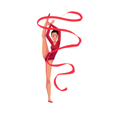 Beautiful girl in leotard standing in vertical leg split, rhythmic gymnastics with ribbon, cartoon illustration isolated on white background. Rhythmic gymnast exercising with ribbonのイラスト素材