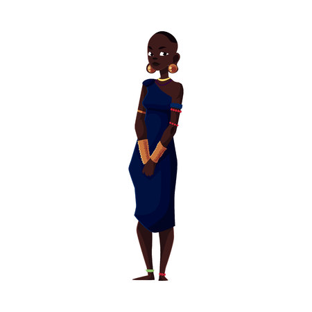 Native aborigine woman from African tribe wearing bracelets and bead necklace, cartoon illustration isolated on white background. Beautiful female African aborigine, full length portraitのイラスト素材
