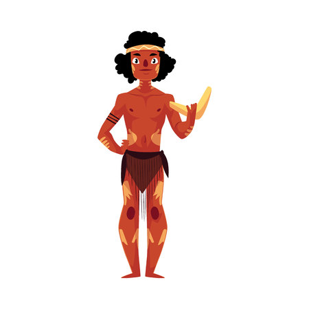 Australian aborigine in loincloth and war paint holding boomerang, cartoon illustration isolated on white background. Full length portrait of typical Australian, Tasmanian aborigineのイラスト素材