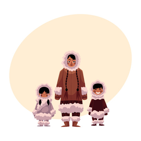 Eskimo, Inuit woman with two kids, boy and girl, in warm winter clothes, cartoon illustration with place for text. Portrait of smiling Eskimo, Inuit family of mother and two kidsのイラスト素材