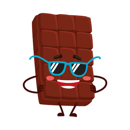 Cool, funny chocolate bar character in funky sunglasses, standing with arms akimbo, cartoon illustration isolated on white background. Funky chocolate character, mascot, emoticon in sunglassesのイラスト素材
