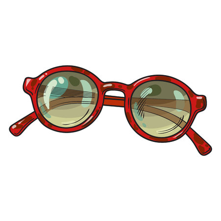 Fashionable round sunglasses in red plastic frame, summer vacation attribute, sketch illustration isolated on white background.のイラスト素材