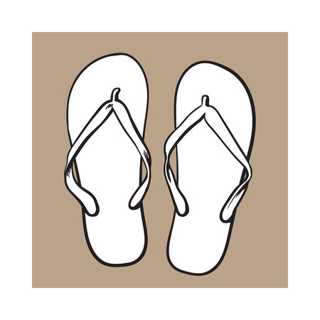 Pair of flip flops, summer time vacation attribute, slippers, shoes, sketch style illustration isolated on brown background.のイラスト素材