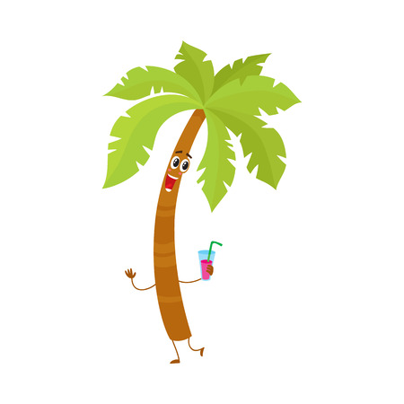 Funny tropical palm tree character holding a cocktail glass, cartoon illustration isolated on white background.のイラスト素材