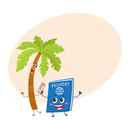 Funny palm tree and passport characters, travelling, summer vacation symbol, cartoon illustration with place for text. Palm tree and passport characters, mascots, holiday conceptのイラスト素材