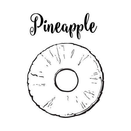 Peeled round pineapple slice with hole in the middle, top view, sketch style illustration isolated on white background. Realistic hand drawing of fresh, ripe pineapple sliceのイラスト素材