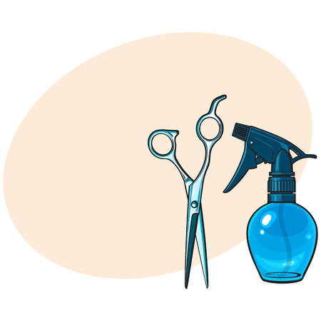 Plastic hairdresser spray bottle and professional stainless steel scissors, sketch style illustration with place for text. Hairdresser spray bottle and professional scissorsのイラスト素材