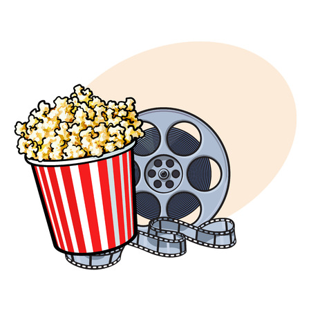 Cinema objects - popcorn in red and white striped bucket and retro style film reel, sketch illustration with place for text. Popcorn bucket and film reel, cinema attribute, objectのイラスト素材