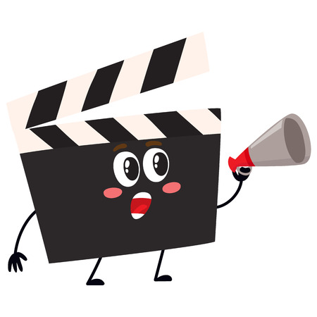 Funny cinema production clapper board, clapboard character with smiling human face, cartoon illustration isolated on white background. Cinema clapper board character, mascot, cinema objectのイラスト素材