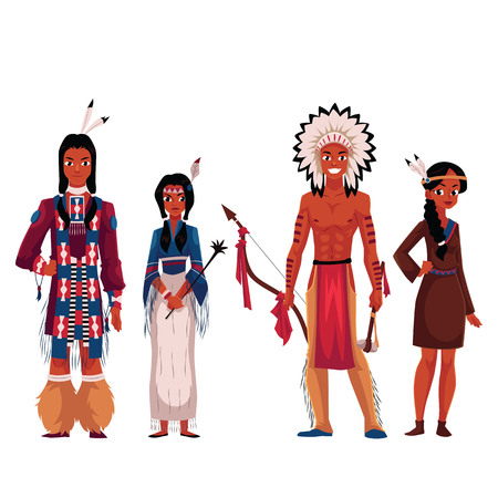 Set of native American Indians, men and women, in traditional national costumes, cartoon vector illustration isolated on white background. Native Americans, American Indians People in national clothesのイラスト素材