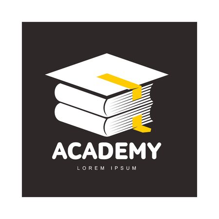 Graphic three colored square academic, graduation cap logo template, vector illustration isolated on black background. Stylized square graphic graduation cap logotype, logo design in three colorsのイラスト素材