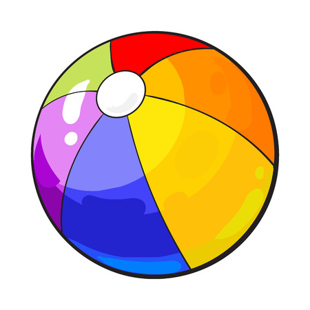 Rainbow colored inflated beach ball, sketch style vector illustration isolated on white background. Hand drawn colorful beach ball, symbol of summer vacation in tropical countriesのイラスト素材