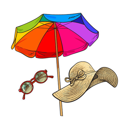 Summer straw hat with wide flaps, sunglasses in round frame and beach umbrella, sketch vector illustration isolated on white background. Hand drawn floppy straw hat, round sunglasses, beach umbrellaのイラスト素材