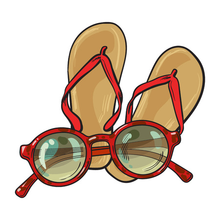 Flip flops and fashionable round sunglasses, symbols of beach vacation, sketch vector illustration isolated on white background. Hand drawn flip flops, sandals and round sunglasses, summer vacationのイラスト素材