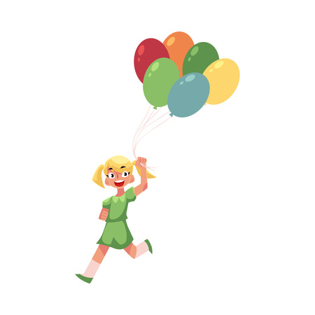 Pretty teenage girl running with a bunch of colorful balloons, cartoon vector illustration isolated on white background. Blond girl running with balloons, summer outdoor activityのイラスト素材