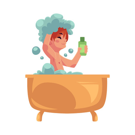Little boy, child taking bath, sitting in bathtub, washing hair with shampoo, hygiene concept, cartoon vector illustration isolated on white background. Boy washing in foamy bathtub, taking bathのイラスト素材