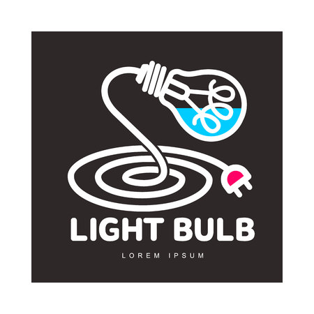 Logo template with light bulb and power cable forming a table lamp, innovation concept, vector illustration isolated on black background. Line art logotype, logo design with light bulb as table lampのイラスト素材