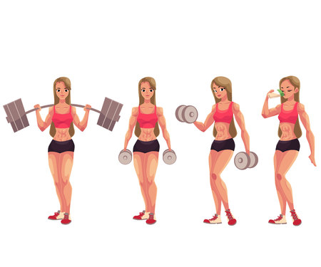 Young woman, female bodybuilder working out with barbell and dumbbell, drinking protein shake, cartoon vector illustration isolated on white background. Woman bodybuilder in various positionsのイラスト素材