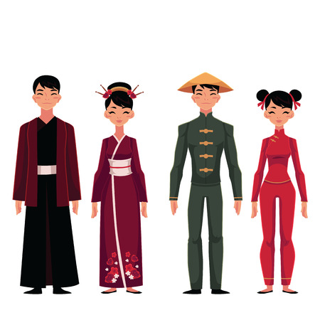 Set of people, men and women, in traditional national costumes, cartoon vector illustration isolated on white background. People of China in Chinese national clothes, garments, costumesのイラスト素材
