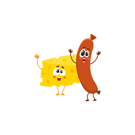 Frankfurter sausage and cheese chunk characters dancing happily together, cartoon vector illustration isolated on white background. Funny cheese and sausage characters, mascots with human facesのイラスト素材