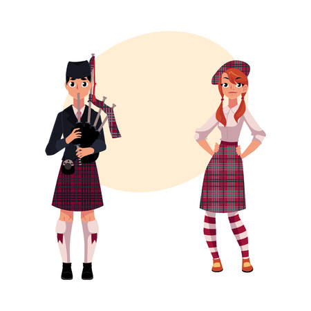 Bagpiper, piper and Scottish girl in national clothes, tartan beret and kilt, cartoon vector illustration with place for text. Full length portrait of Scottish bagpiper and Scotland girlのイラスト素材