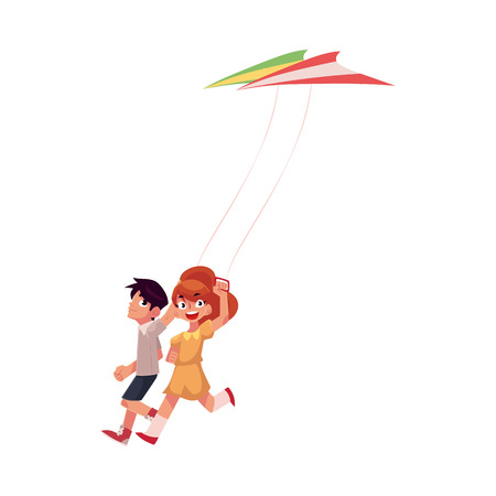 Two friends, boy and girl, running together with colorful kites, cartoon vector illustration isolated on white background. Teenage boy and pretty girl.のイラスト素材