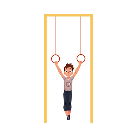 Teenage Caucasian boy hanging on gymnastic rings at the playground, cartoon vector illustration isolated on white background.のイラスト素材