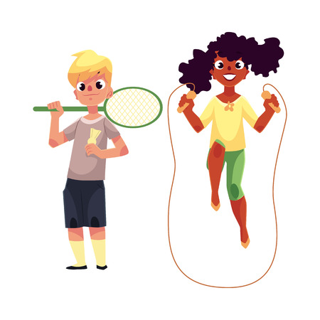 Black African girl and Caucasian boy playing with jumping rope and badminton racket at playground, cartoon vector illustration isolated on white background.のイラスト素材