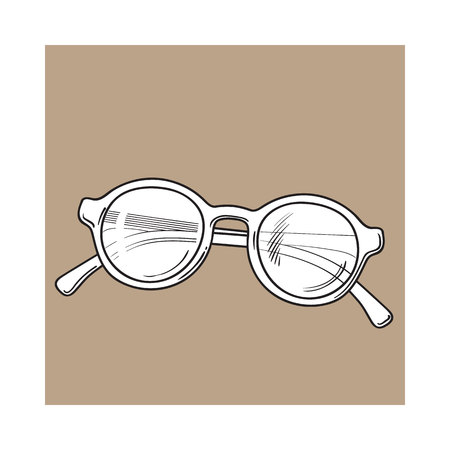 Fashionable round sunglasses in plastic frame, summer vacation attribute, sketch vector illustration isolated on brown background. Hand drawn sunglasses.のイラスト素材
