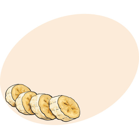Sliced, chopped unpeeled ripe banana, sketch style vector illustration isolated on white background with place for text. Realistic hand drawing of banana chopped into piecesのイラスト素材
