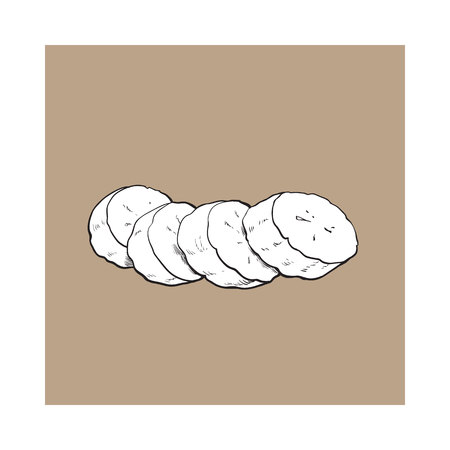 Black and white Sliced, chopped unpeeled ripe banana, sketch style vector illustration isolated on brown background. Realistic hand drawing of banana chopped into piecesのイラスト素材