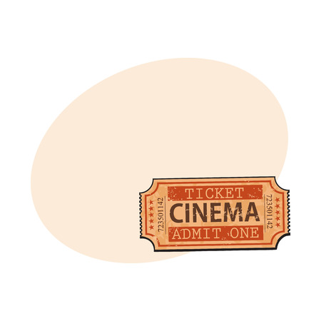 One retro style, vintage cinema, movie ticket, sketch vector illustration with place for text. Hand drawn cinema, movie ticket, pass, cinema objectのイラスト素材