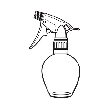 Unlabeled, transparent plastic hairdresser spray bottle, sketch style vector illustration isolated on white background.のイラスト素材