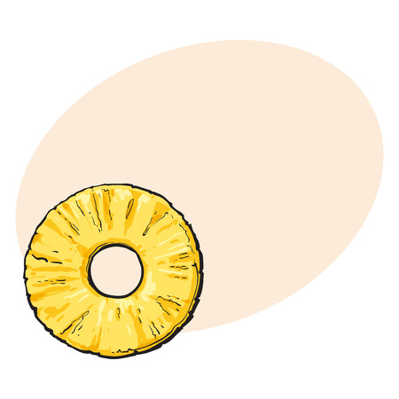 Peeled round pineapple slice with hole in the middle, top view, sketch style vector illustration with place for text. Realistic hand drawing of fresh, ripe pineapple sliceのイラスト素材