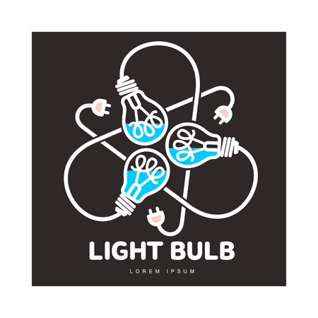 Logo of three black outline, line art light bulbs with different content levels and powers cords, vector illustration isolated on black background.のイラスト素材