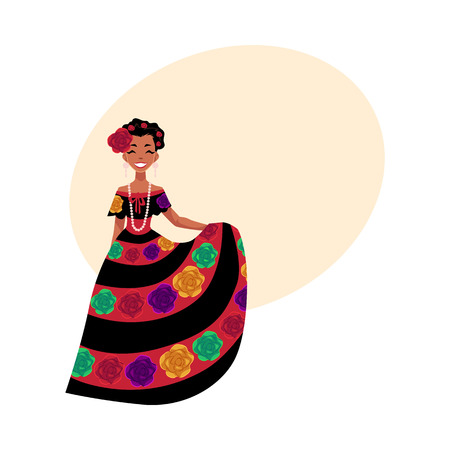 Mexican woman in traditional national dress decorated with embroidered flowers, cartoon vector illustration with place for text. Full length portrait of Mexican woman in national dressのイラスト素材