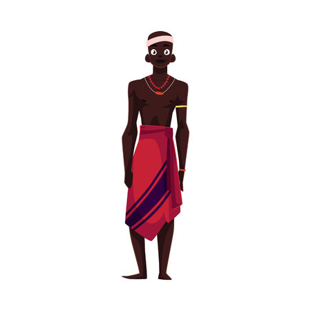 Native aborigine man from African tribe in loincloth and bead necklace, cartoon vector illustration isolated on white background. Smiling handsome male, full length portraitのイラスト素材