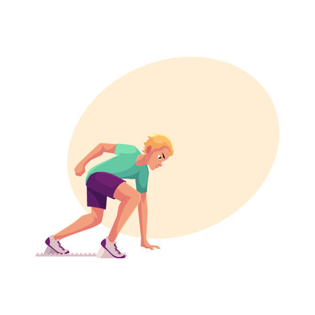 Young and handsome male runner, sprinter, jogger ready to start, cartoon vector illustration with place for text. Man running, sprinter, standing on starting blocksのイラスト素材