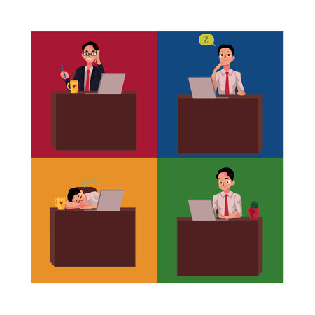 Businessman sitting at office desk, working on laptop, talking by mobile phone, having nap, cartoon vector illustration four situations. Businessman, employee working at office deskのイラスト素材