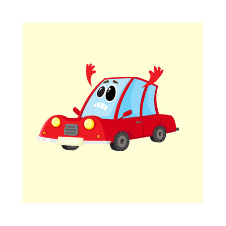 Funny red car, auto character flinging up its arms in dismay, despair, horror, cartoon vector illustration isolated on white background. Mascot with human face sad, showing despairのイラスト素材
