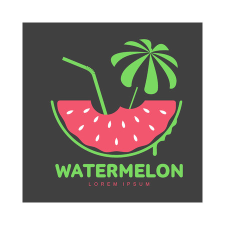 Logo template with watermelon slice, beach umbrella and cocktail straw, summer season concept, vector illustration isolated on black background. Watermelon logotype, logo design, summer vacationのイラスト素材