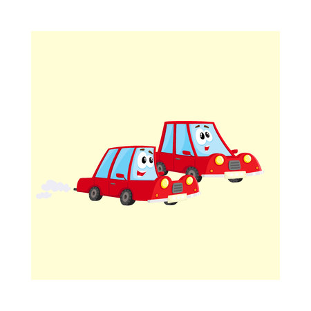 Two cute and funny red car characters racing, hurrying somewhere at full speed, cartoon vector illustration isolated on white background. Mascot racing with each otherのイラスト素材
