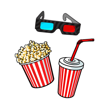 Cinema objects - popcorn bucket, 3d glasses and soda water in paper cup, sketch vector illustration isolated on white background.のイラスト素材