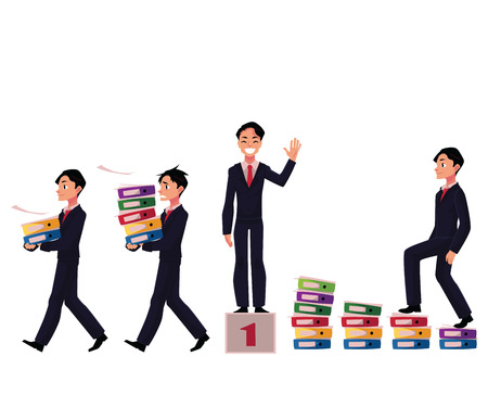 Businessman carrying document folders, standing on victory podium, career ladder, cartoon vector illustration isolated on white background. Businessman in various business situations, career conceptのイラスト素材