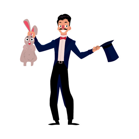 Magician, illusionist conjuring rabbit out of hat, artist performer, cartoon vector illustration isolated on white background. Magician in black suit with hat and rabbit, circus performanceのイラスト素材