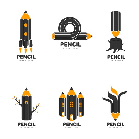 Set of graphic, black, white and yellow creative pencil logo templates, vector illustration isolated on white background. Stylized three tone graphic pencil logotype, logo designのイラスト素材