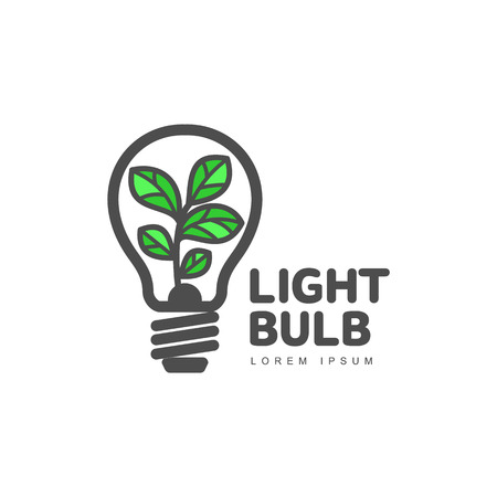 Logo template with plant growing inside light bulb, ecology, growth, development concept, vector illustration isolated on white background. Line art logotype, logo design with light bulb and plantのイラスト素材