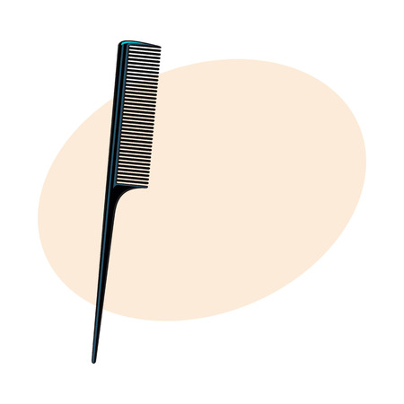 Traditional plastic black hairdresser comb, sketch style vector illustration with place for text. Hair comb, hairdresser tool, object, attributeのイラスト素材