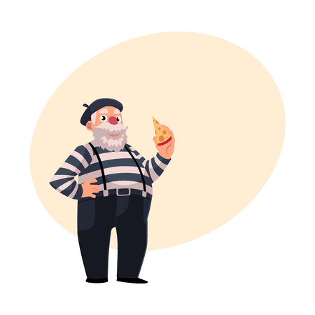 Grey haired, fat French mime in traditional clothing holding cheese as symbols of France, cartoon vector illustration with place for text. French man dressed as mime, comedian performerのイラスト素材